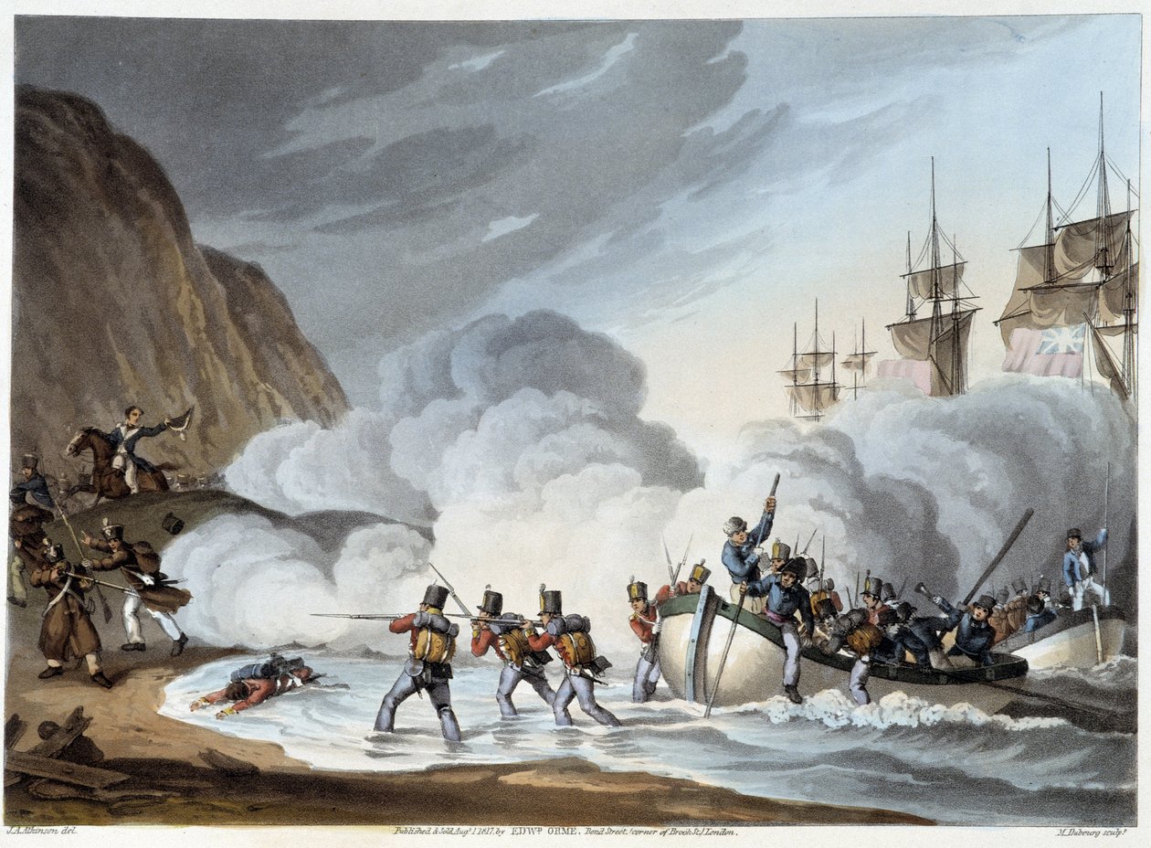 Landing of Troops, Early 19th Century in Historical, Military and Naval Anecdotes by Edward Orne by John Augustus Atkinson