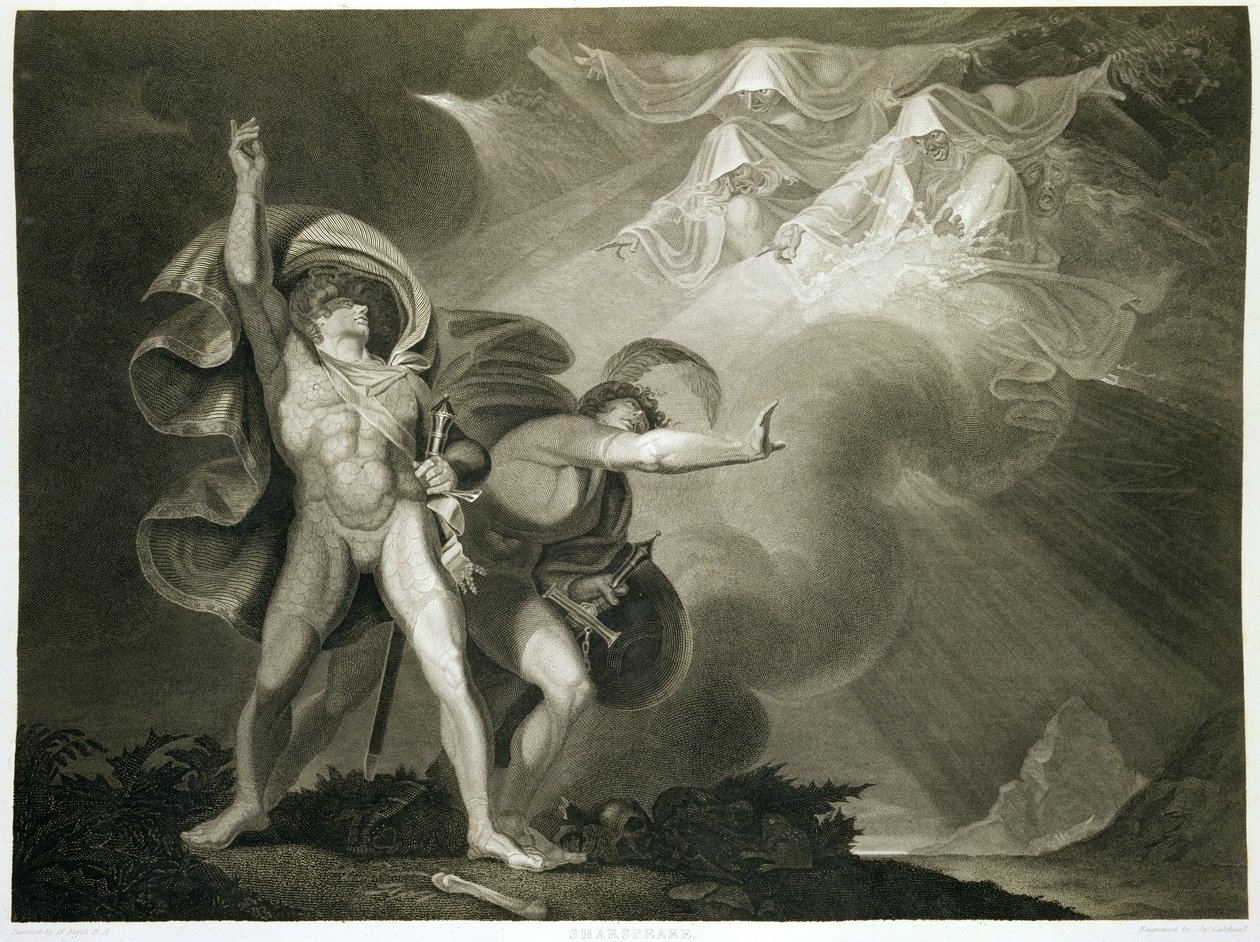 Macbeth, Banquo and the Three Witches on the Heath in Act I, Scene III of Macbeth by William Shakespeare, published 1805 by John Boydell