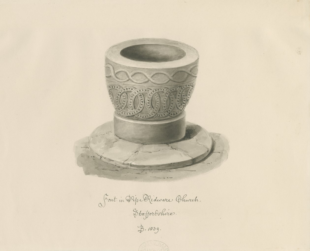 Font in Pipe Ridware Church: sepia drawing by John Buckler