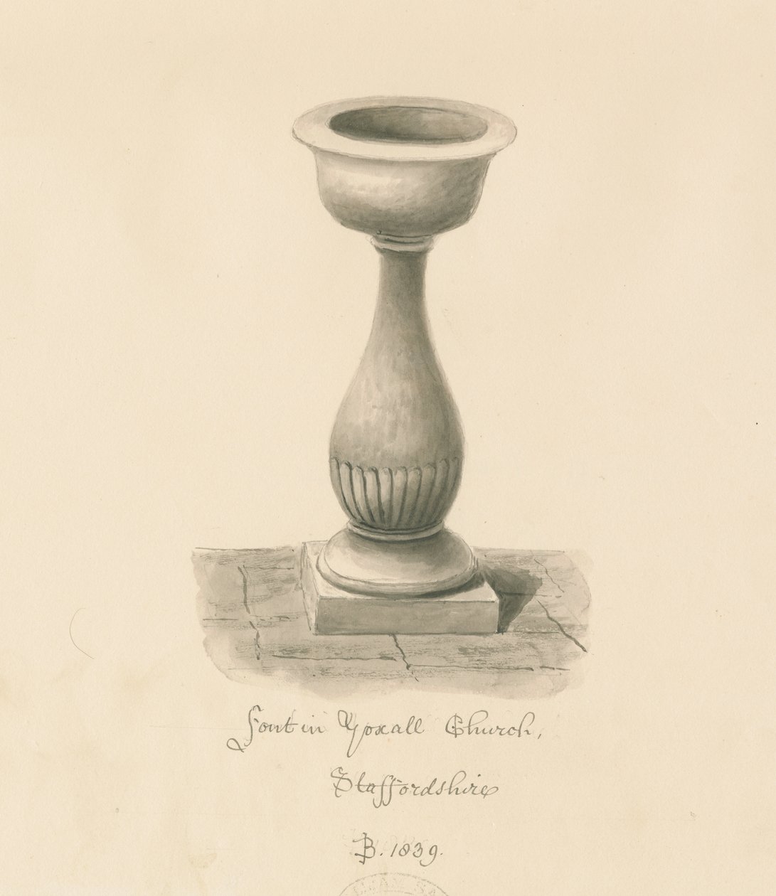 Font in Yoxall Church, 1839 by John Buckler
