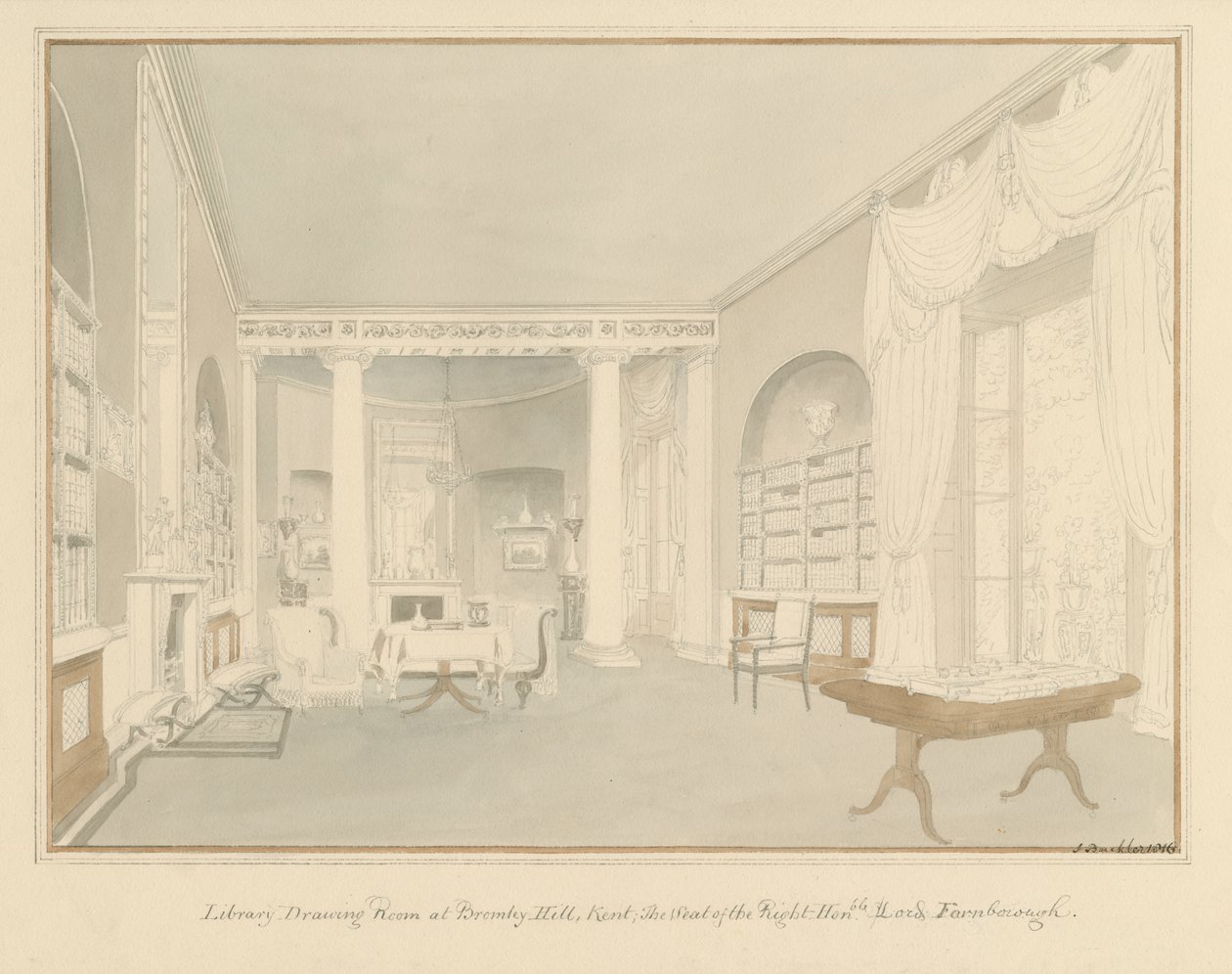 Kent - Bromley Hill - Interior of Library Drawing Room, 1816 by John Buckler
