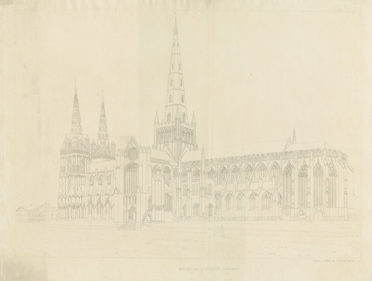 Lichfield Cathedral - South East View (etching) by John Buckler