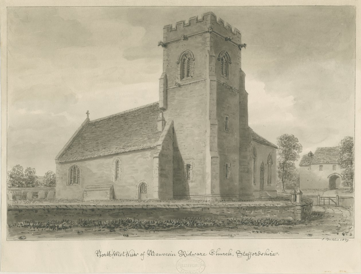 Mavesyn Ridware Church: sepia drawing, 1839 by John Buckler
