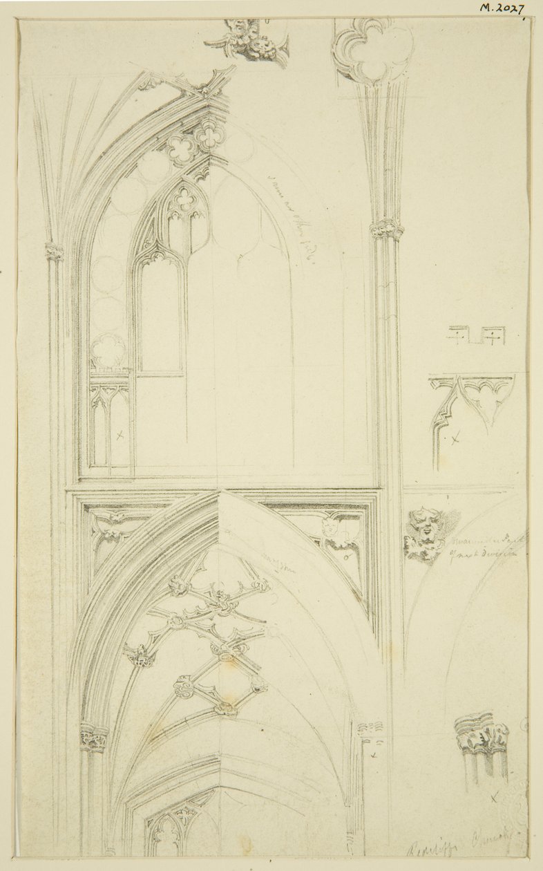 Details of Clerestory Window Tracery and Vaulting of the Aisle Below, in St Mary Redcliffe by John Carter