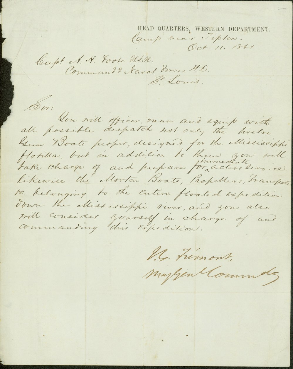 Letter signed J.C. Fremont, Major General Commanding, Head Quarters, Western Department, camp near Tipton, to Captain A.H. Foote, U.S.N. Commanding Naval Forces H.D., St. Louis, October 11, 1861 by John Charles Frémont