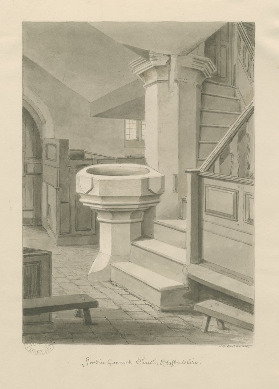 Font in Cannock Church by John Chessell Buckler