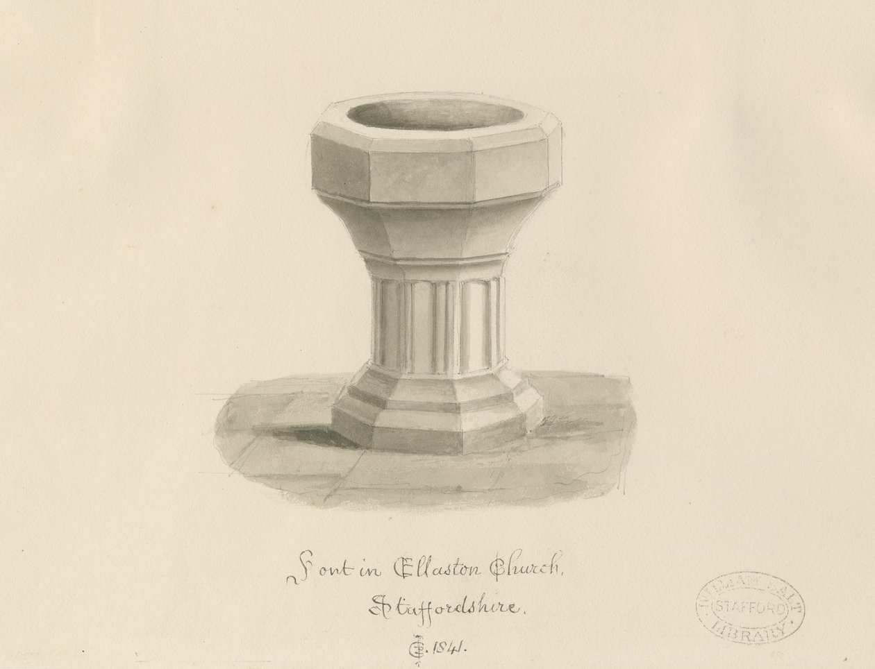 Font in Ellastone Church by John Chessell Buckler