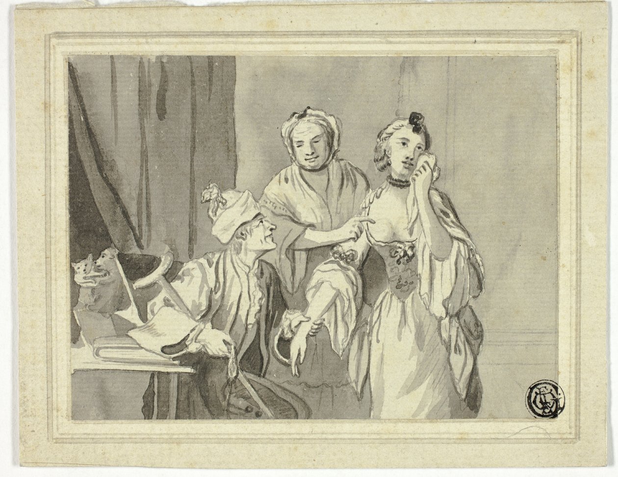 Literary Illustration: Old Man Detaining Young Woman, Who is Accompanied by Older Woman by John Collet