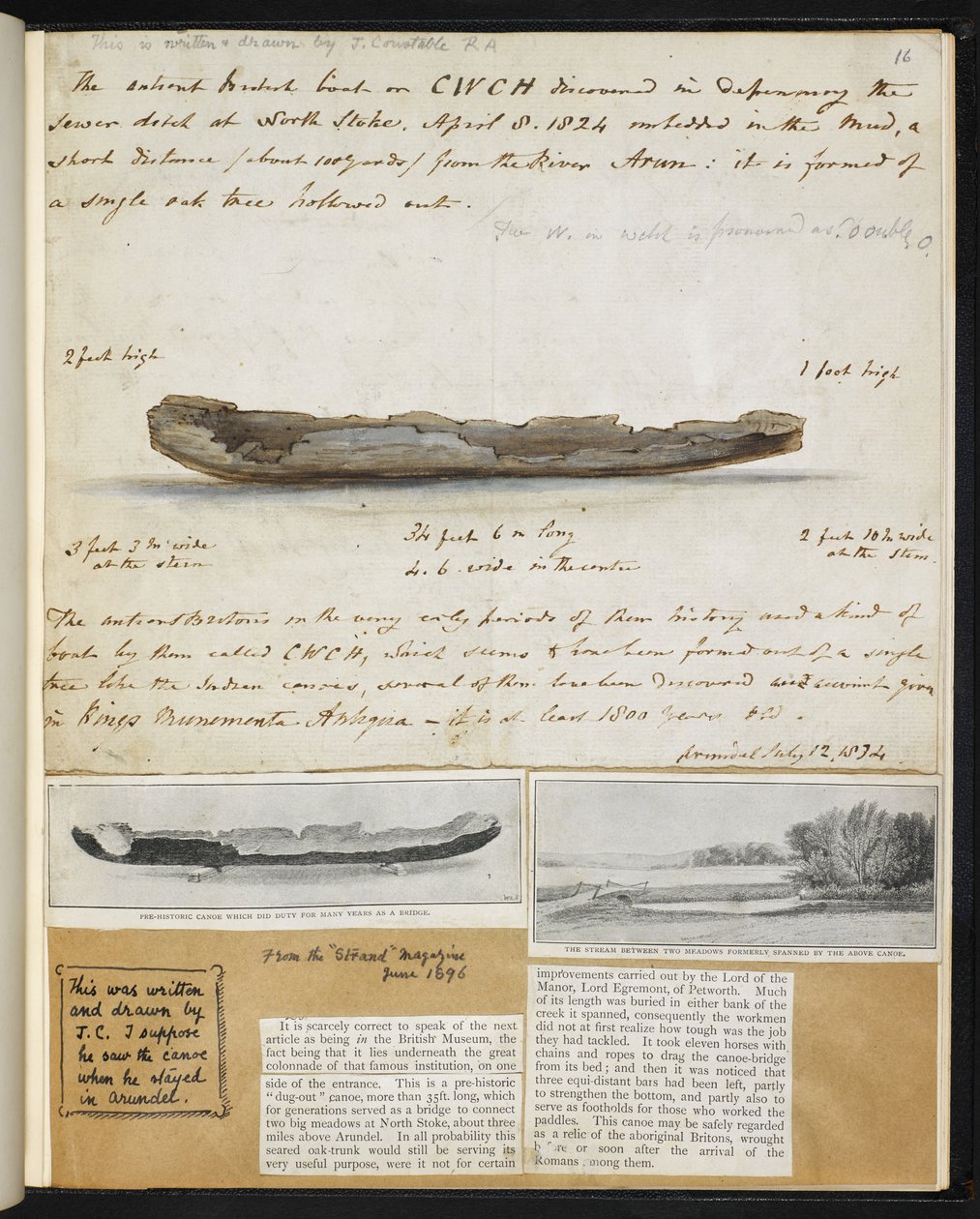 Antiquities: Drawing of ancient British canoe discovered (1824) at North Stoke by John Constable