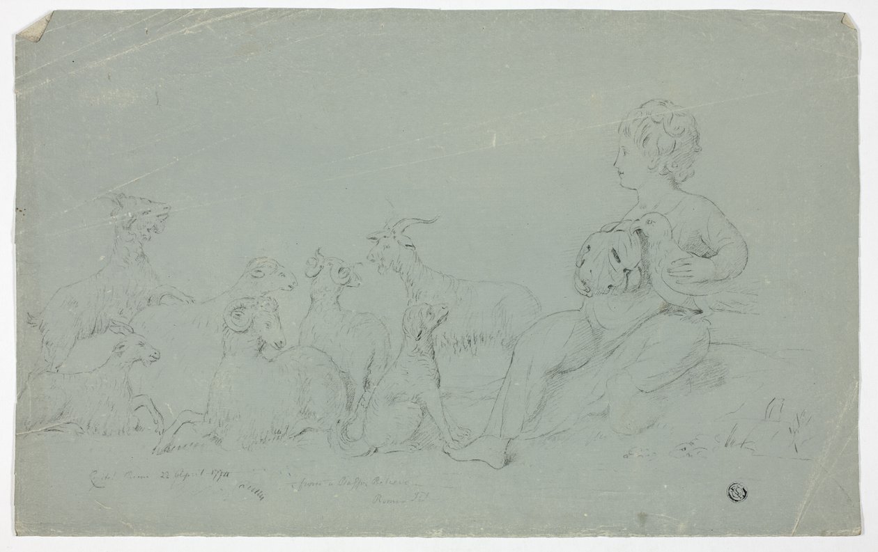 Antique Bas-Relief with Seated Boy Holding Falcon and Accompanied by Dog, Sheep, and Goats by John Downman