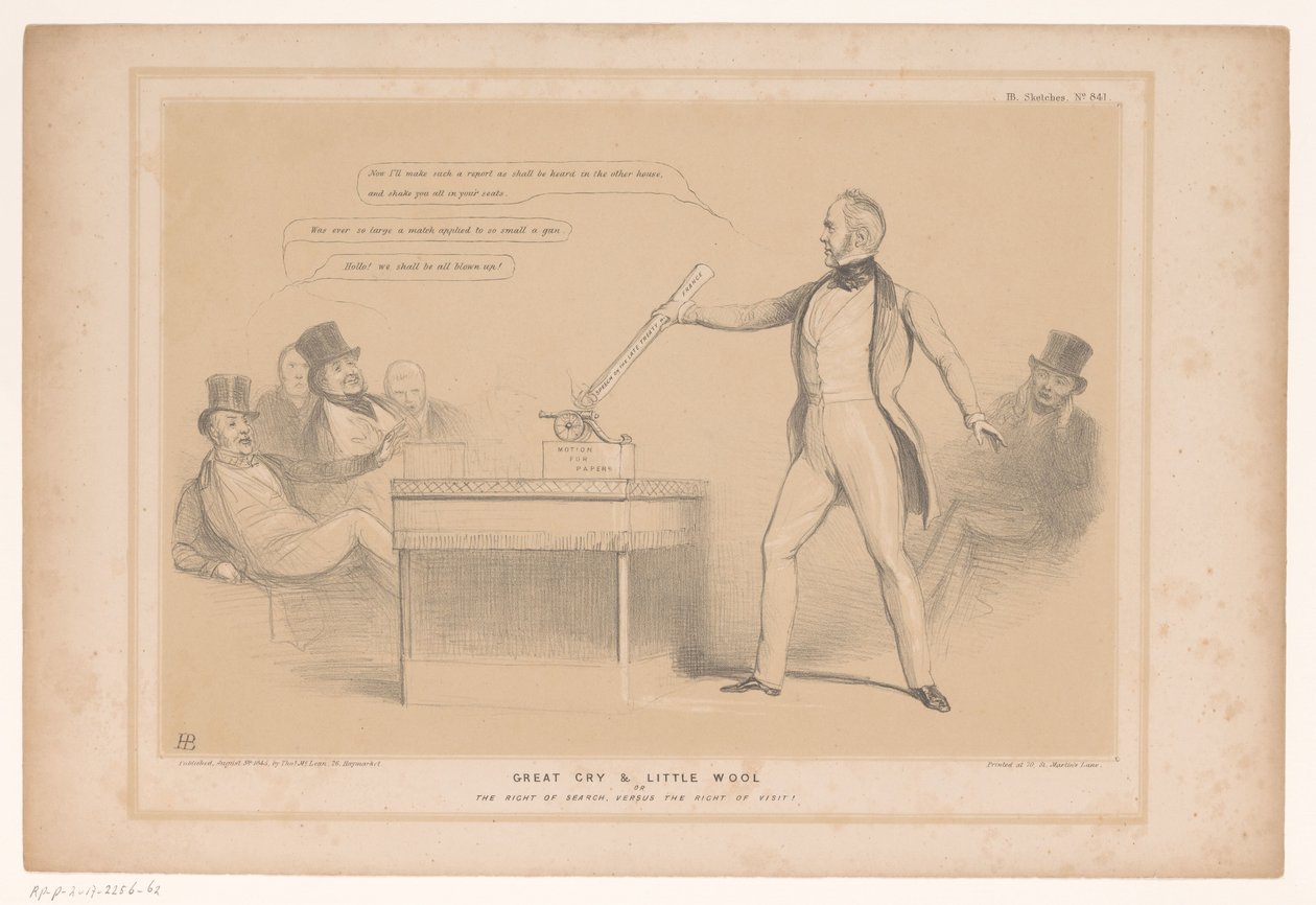 Caricature with Lord Palmerston (title on object: A Great Cry and Little Wool or The Right of Search, Versus the Right of Visit!) (series title on object: HB Sketches) by John Doyle