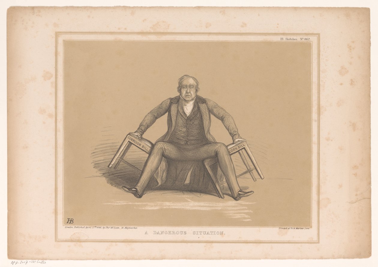 Caricature of Robert Peel Falling Between Two Chairs (A Dangerous Situation) (HB Sketches series) by John Doyle