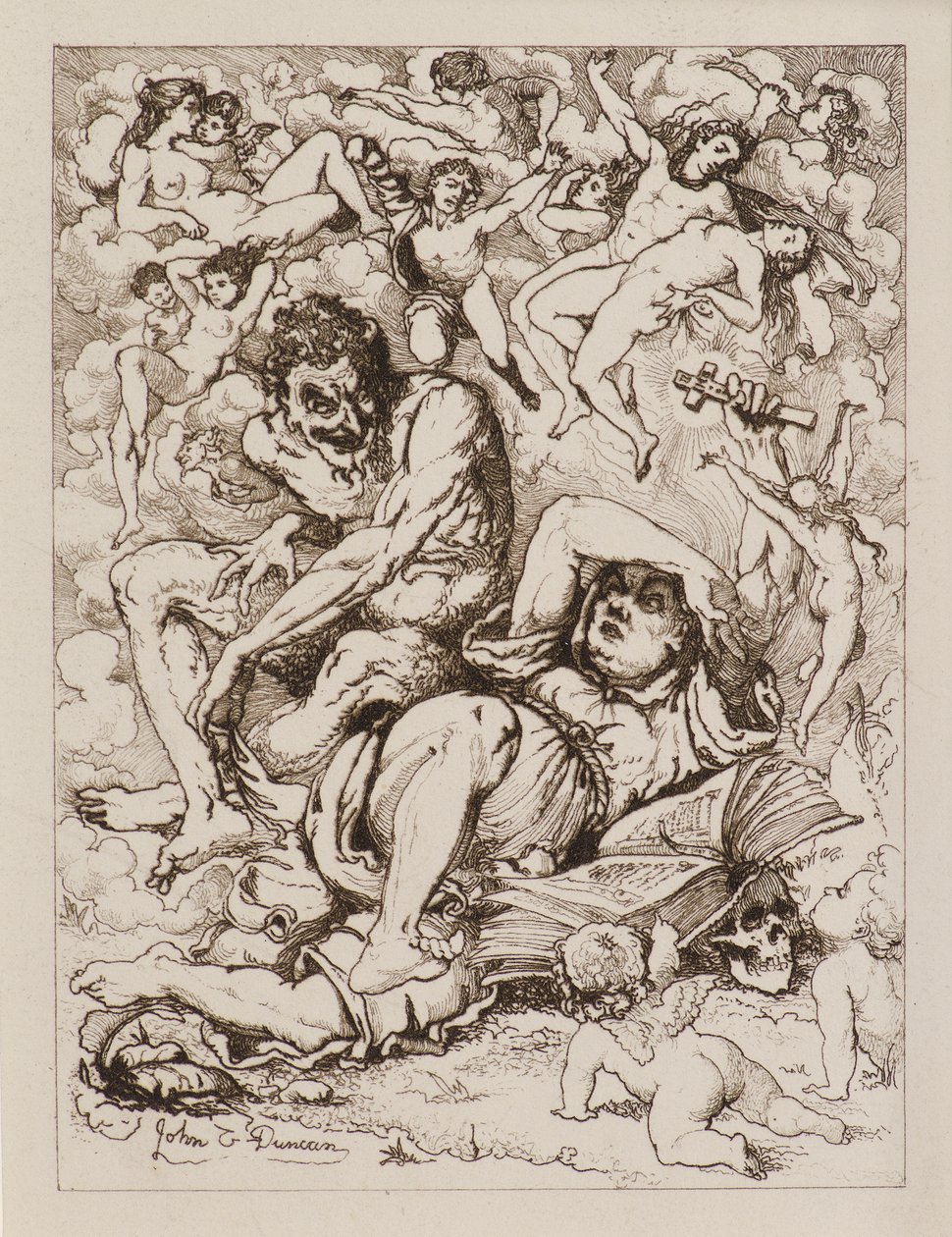 Reclining Figure Holding Cross, the Devil Sitting nearby Surrounded by Floating Figures by John Duncan