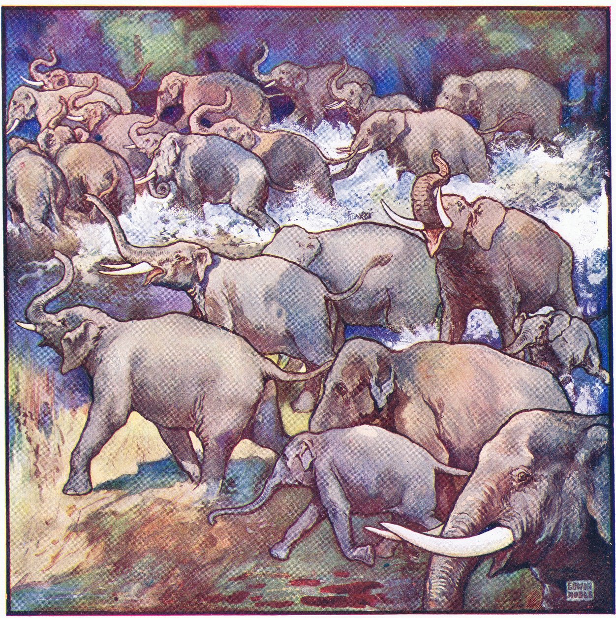 On came the herd in gallant style, throwing the spray from the muddy water by John Edwin Noble