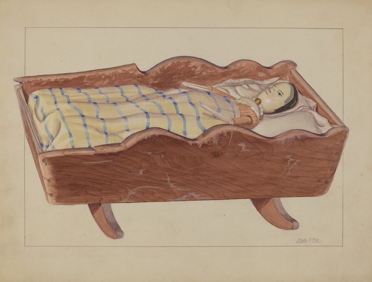 Pa. German Cradle with Doll & Coverlet by John Fisk
