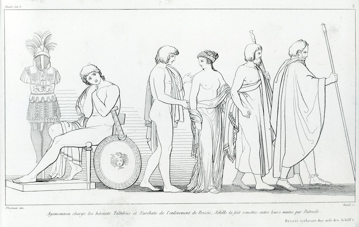 Agamemnon charged the heralds Taltibius and Euribat with the abduction of Briseis; Achilles had it handed over to their hands by Patroclus. Drawing by John Flaxman (1755 - 1826). Homer