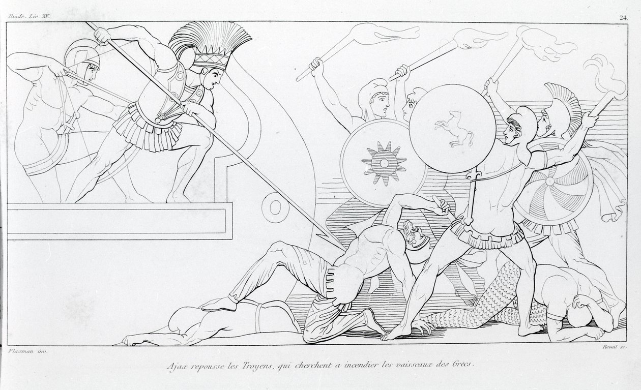 Ajax repels the Trojans who seek to burn the Greek ships. Drawing by John Flaxman (1755 - 1826). Homer