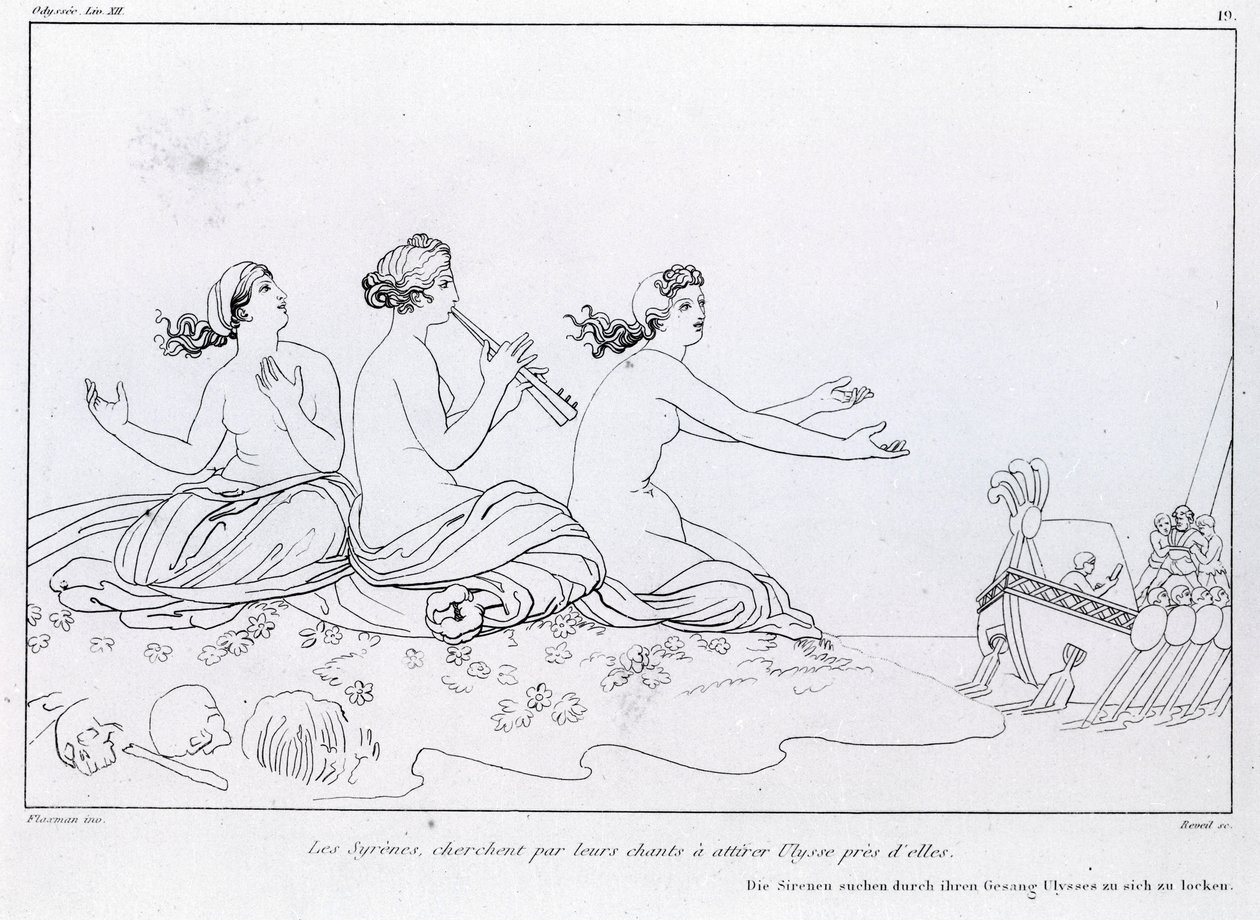 Mermaids seek by their song to attract Ulysses. Drawing by John Flaxman. Homer