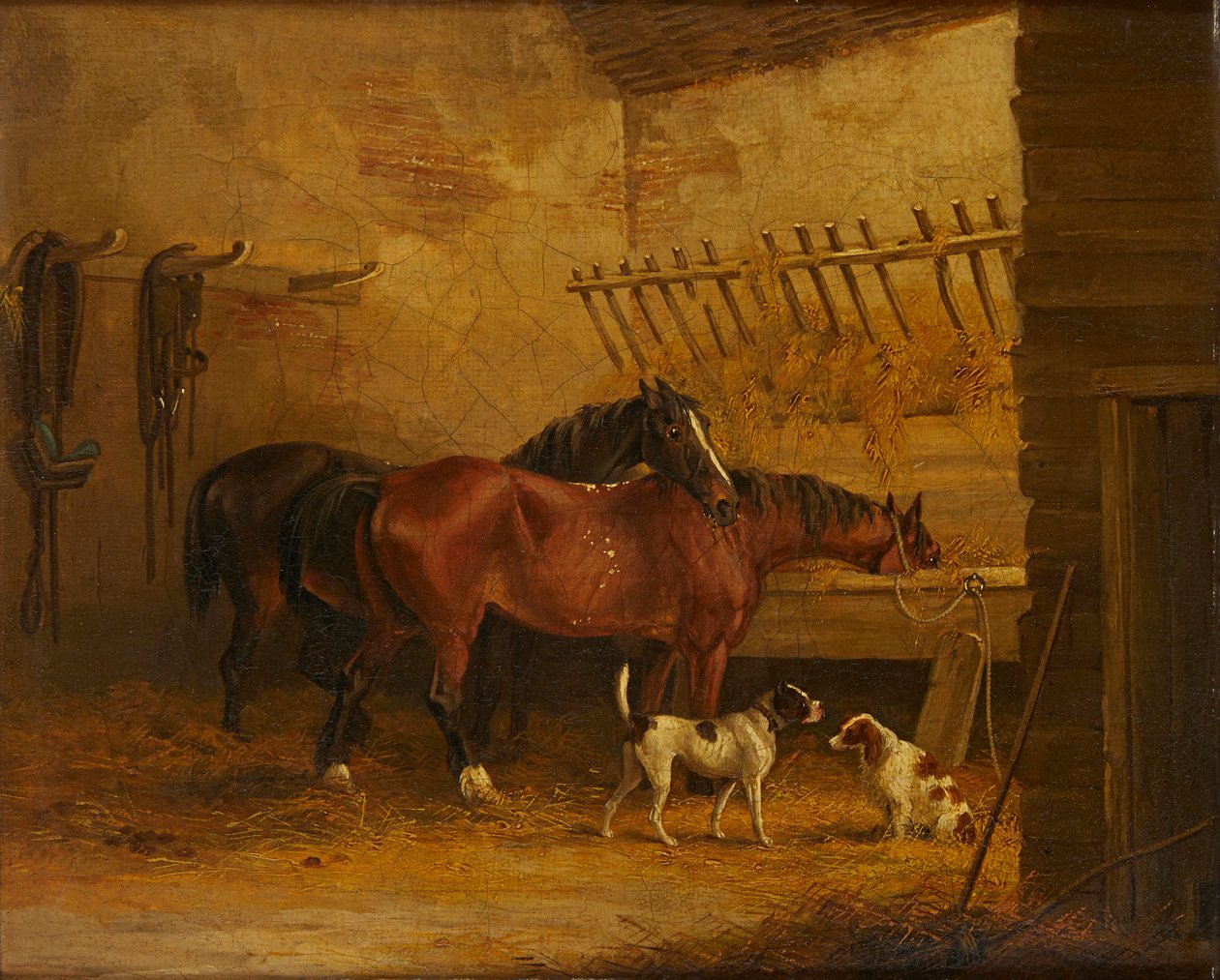 Horses and Dogs in a Stable Interior by John Frederick Jr. (attr.to) Herring