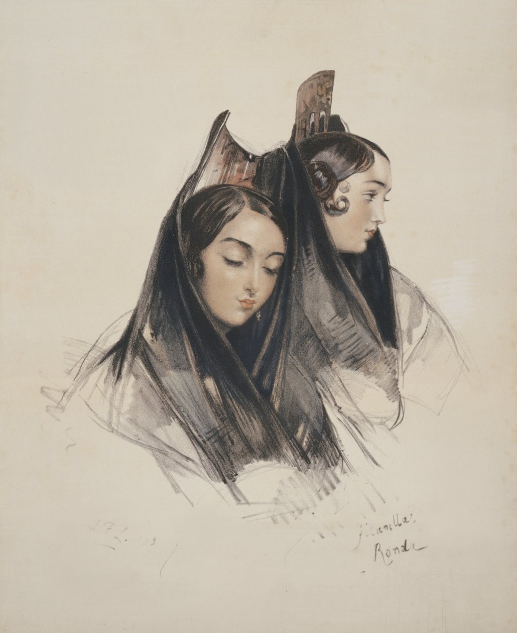 Girls of the Ronda, Andalusia, plate 11 from Sketches of Spain, engraved by Charles Joseph Hullmandel, published 1836 by John Frederick Lewis