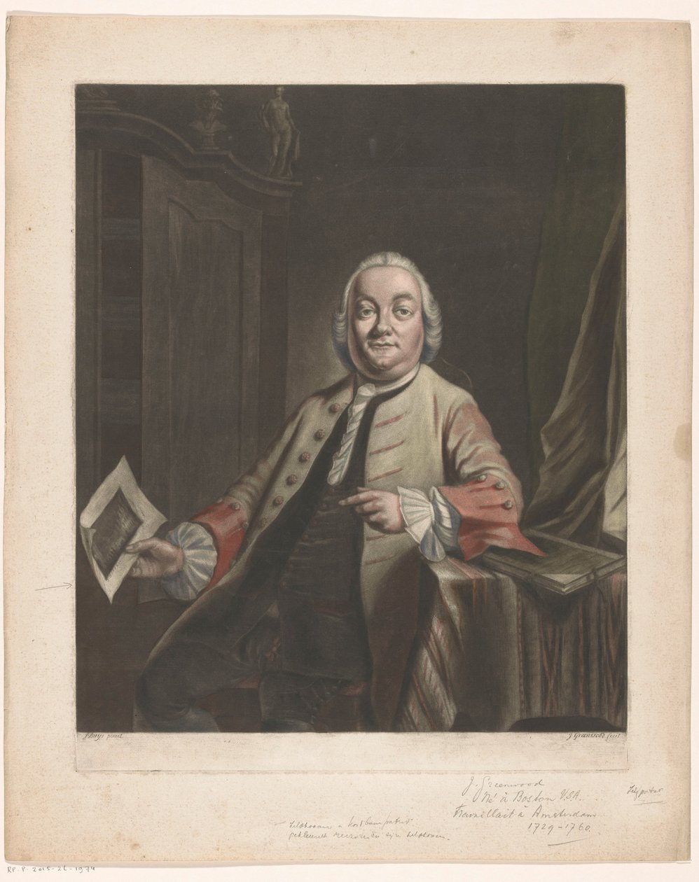 Portrait of Simon Fokke Holding the Print of the Plundering of the House of Gerrit Hagedooren, 1751 by John Greenwood