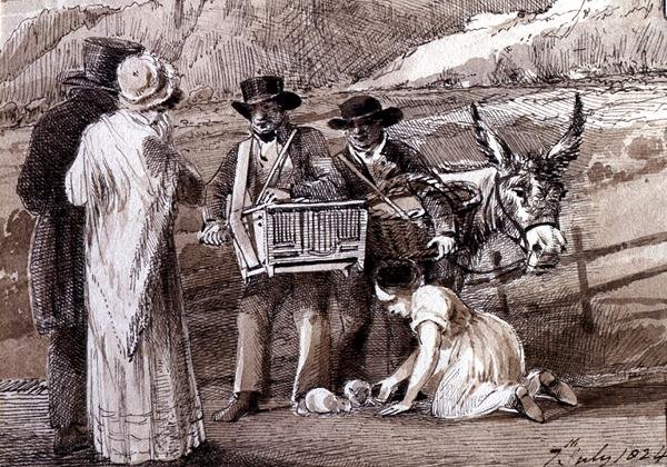 Two men selling guinea pigs, one with an organ grinder by John Harden