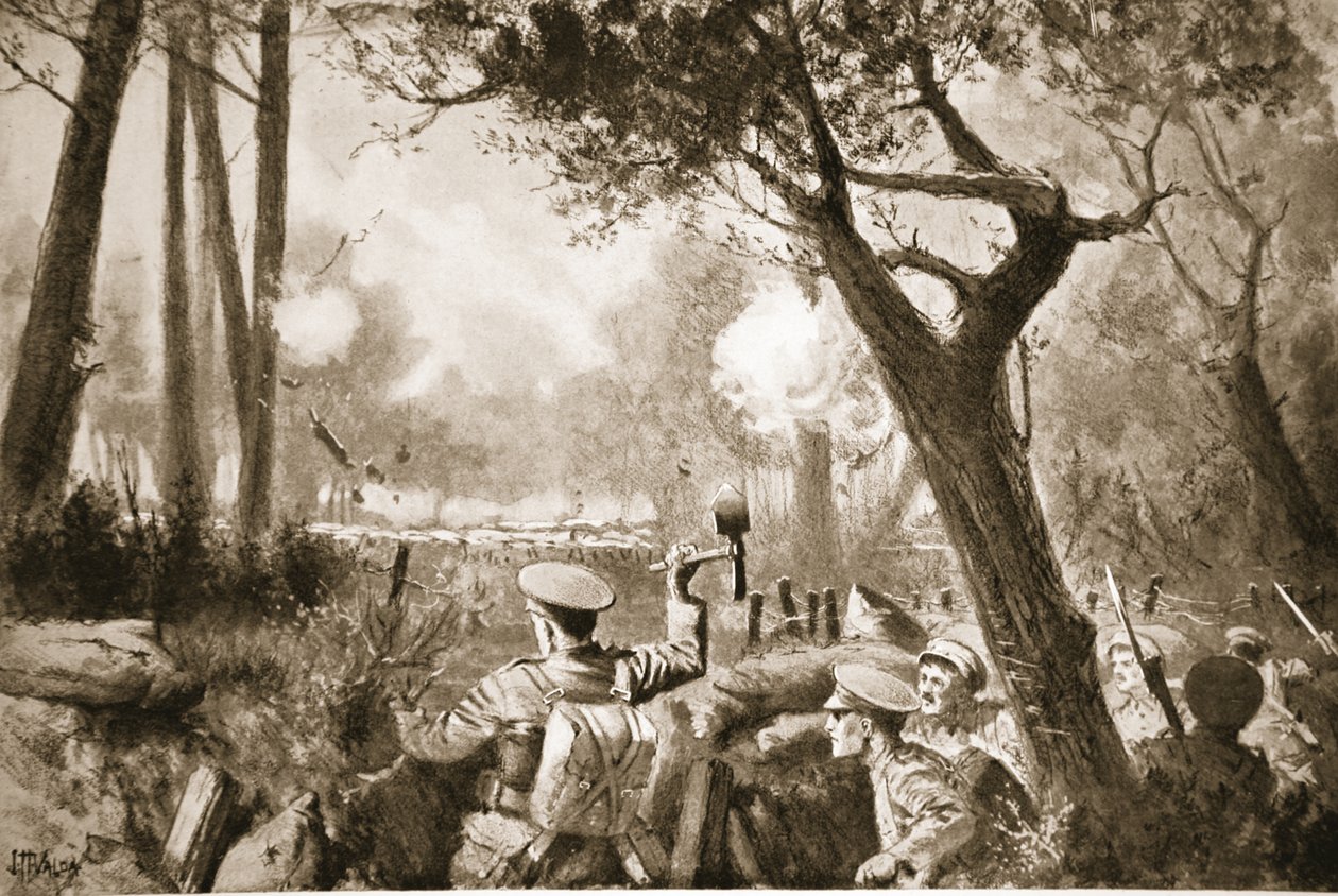 Acting-Lance-Corporal Barker assisting a party, collected by him, to open out a communication trench under heavy shell and machine-gun fire by John Harris Valda