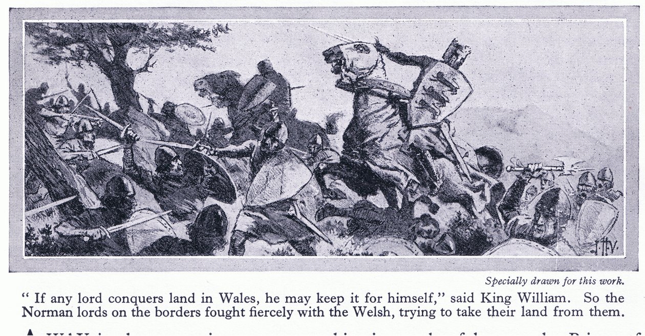 If any lords conquers land in Wales, he may keep it for himself said King William, c.1950 by John Harris Valda