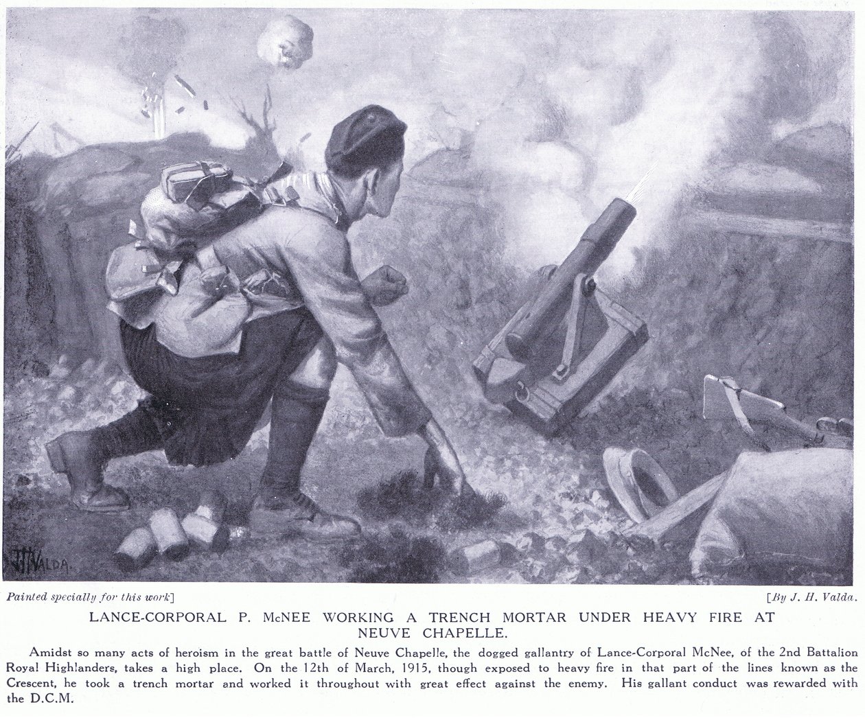 Lance Corporal P McNee working a trench mortar under heavy fire at Neuve Chapelle by John Harris Valda