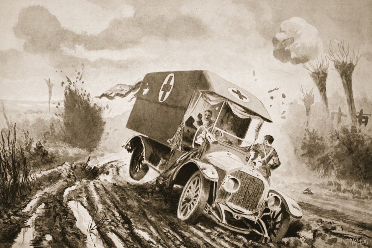 Private Adams Going to the Assistance of the Wounded in a Motor Ambulance Which Had Run into a Shell-Hole While Under Fire by John Harris Valda