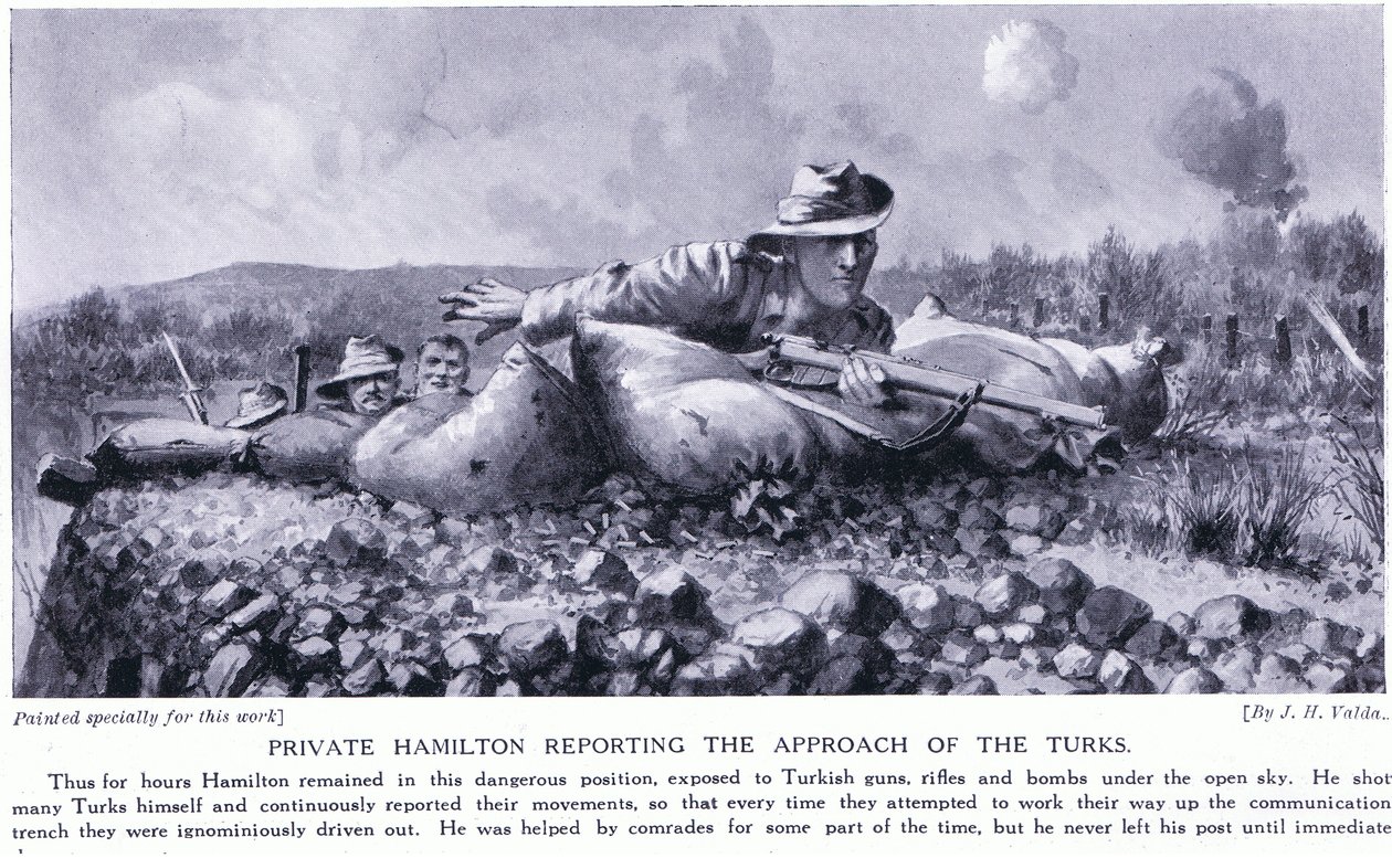 Private Hamilton Reporting the Approach of the Turks, Gallipoli Peninsula, August 1915 by John Harris Valda