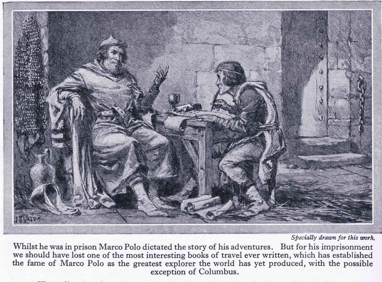 Whilst in prison Marco Polo dictated the story of his adventures, c.1950 by John Harris Valda