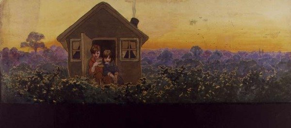 The Tree Tops at Sunset one Year Later: Peter in the Little House with Wendy on her Annual Spring-Cleaning Visit, Illustration to 