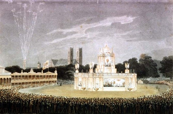 Firework display held in Green Park to celebrate the defeat of Napoleon, engraved by Matthew Dubourg by John Heaviside (after) Clark