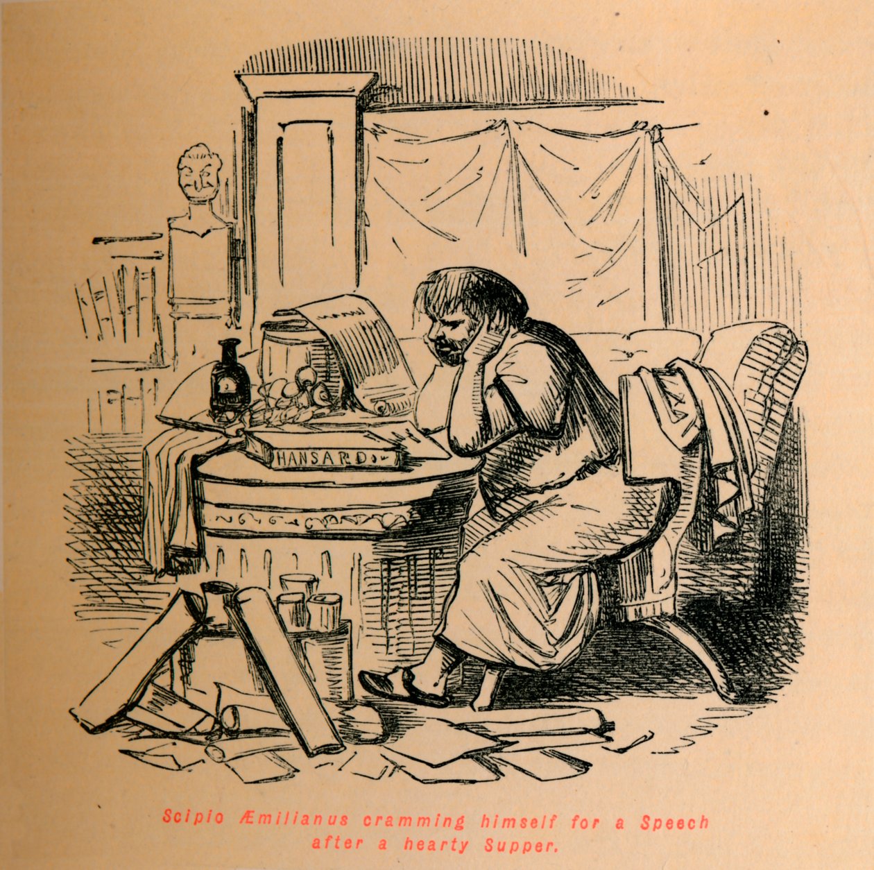 Scipio Aemilianus Cramming Himself for a Speech After a Hearty Supper, 1852 by John Leech