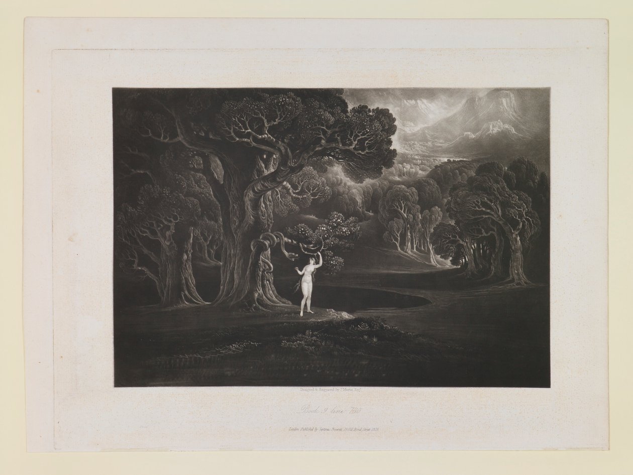 Satan Tempting Eve (Book 9, Line 780), from “Paradise Lost” by John Martin
