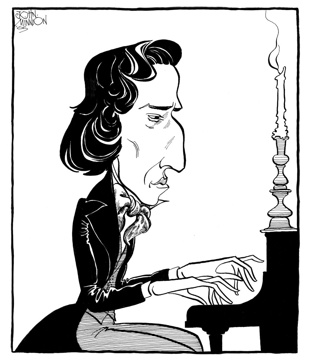 Frederic Chopin - caricature of the Polish composer and pianist playing the piano by John Minnion