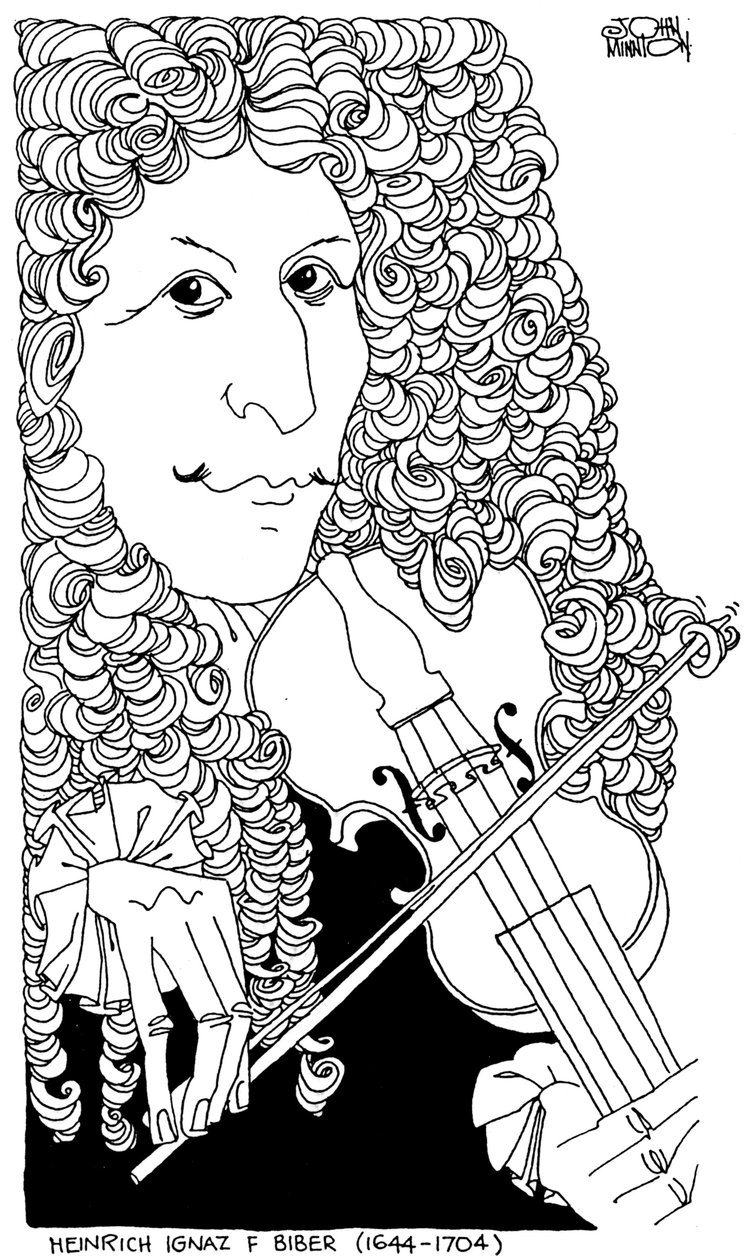 Heinrich Ignaz Franz von Biber, caricature by John Minnion