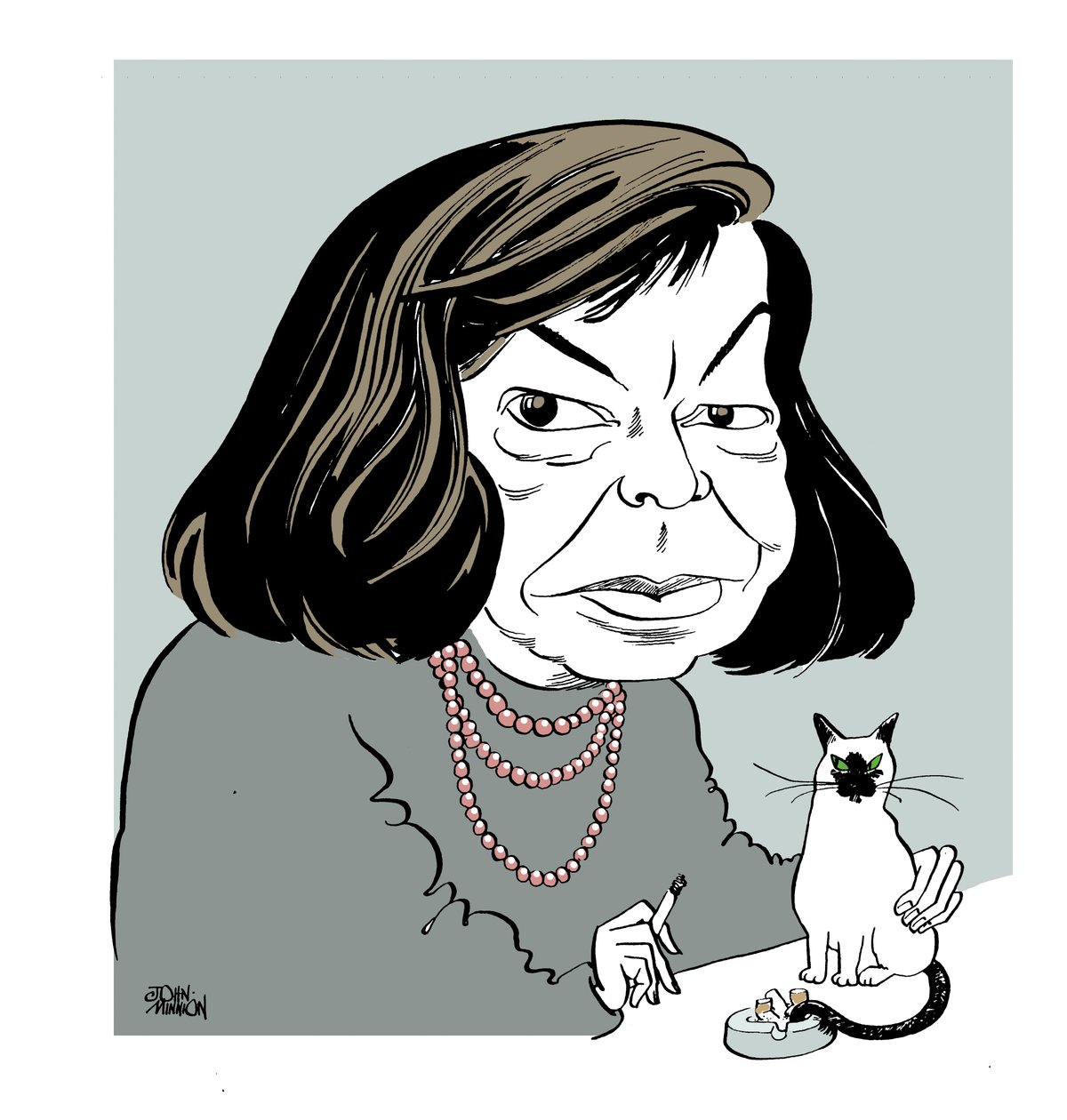 Patricia Highsmith - caricature with her cat, smoking by John Minnion