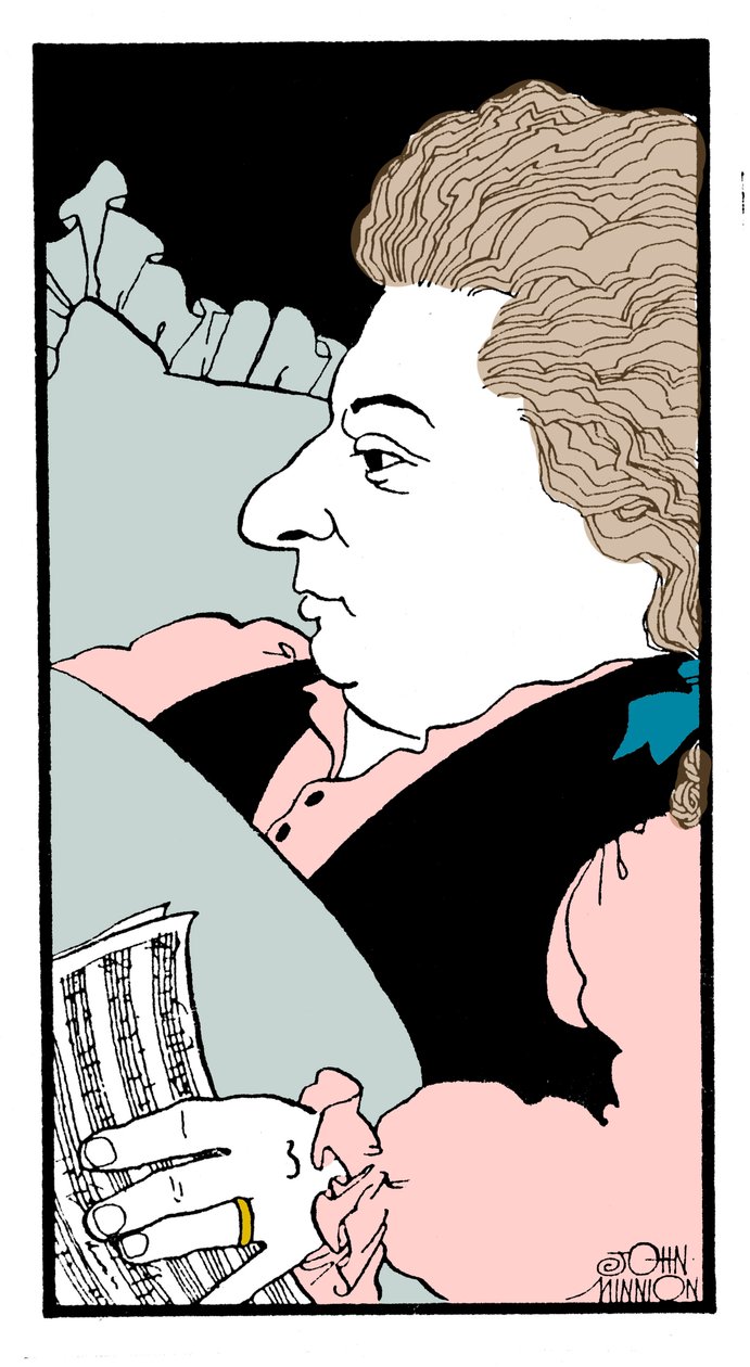 Wolfgang Amadeus Mozart - caricature of the Austrian composer on his deathbed by John Minnion