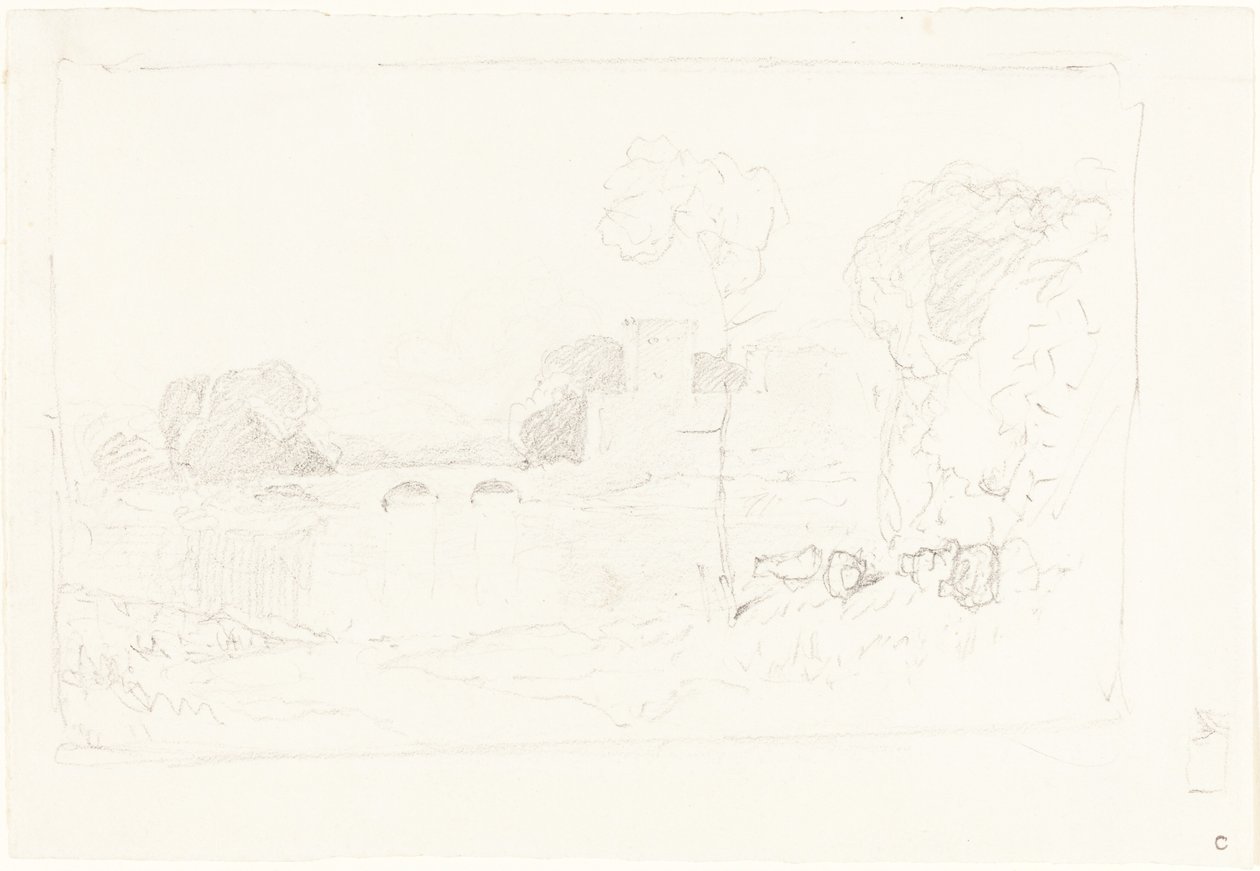 Landscape Sketch with Bridge and Castle by John Sell Cotman