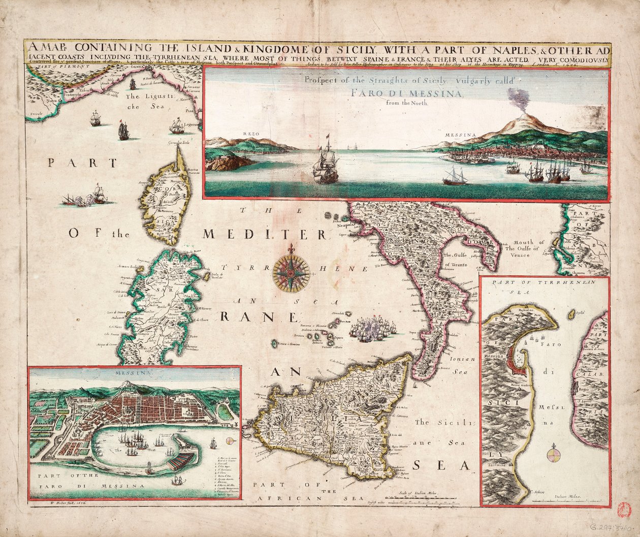Map containing the island and kingdom of Sicily, with a part of Naples, and other adjacent coasts including the Tyrrhenean Sea by John Seller