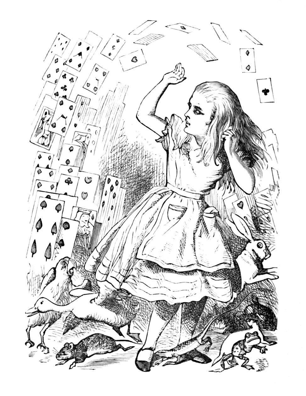A pack of cards flying up over Alice by John Tenniel