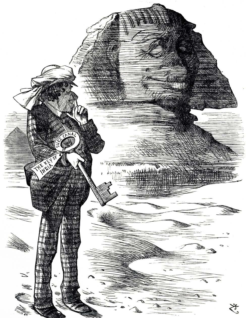 Cartoon depicting Prime Minister Benjamin Disraeli holding the Suez Canal as the key to the British possession and influence in India by John Tenniel