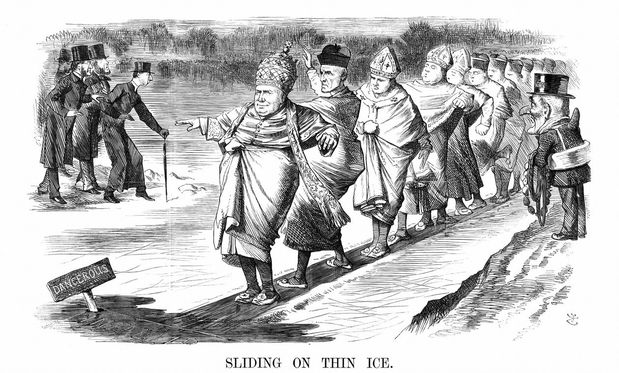 English Converts to Rome Including Newman, Skating on Thin Ice. John Tenniel Cartoon from Punch by John Tenniel