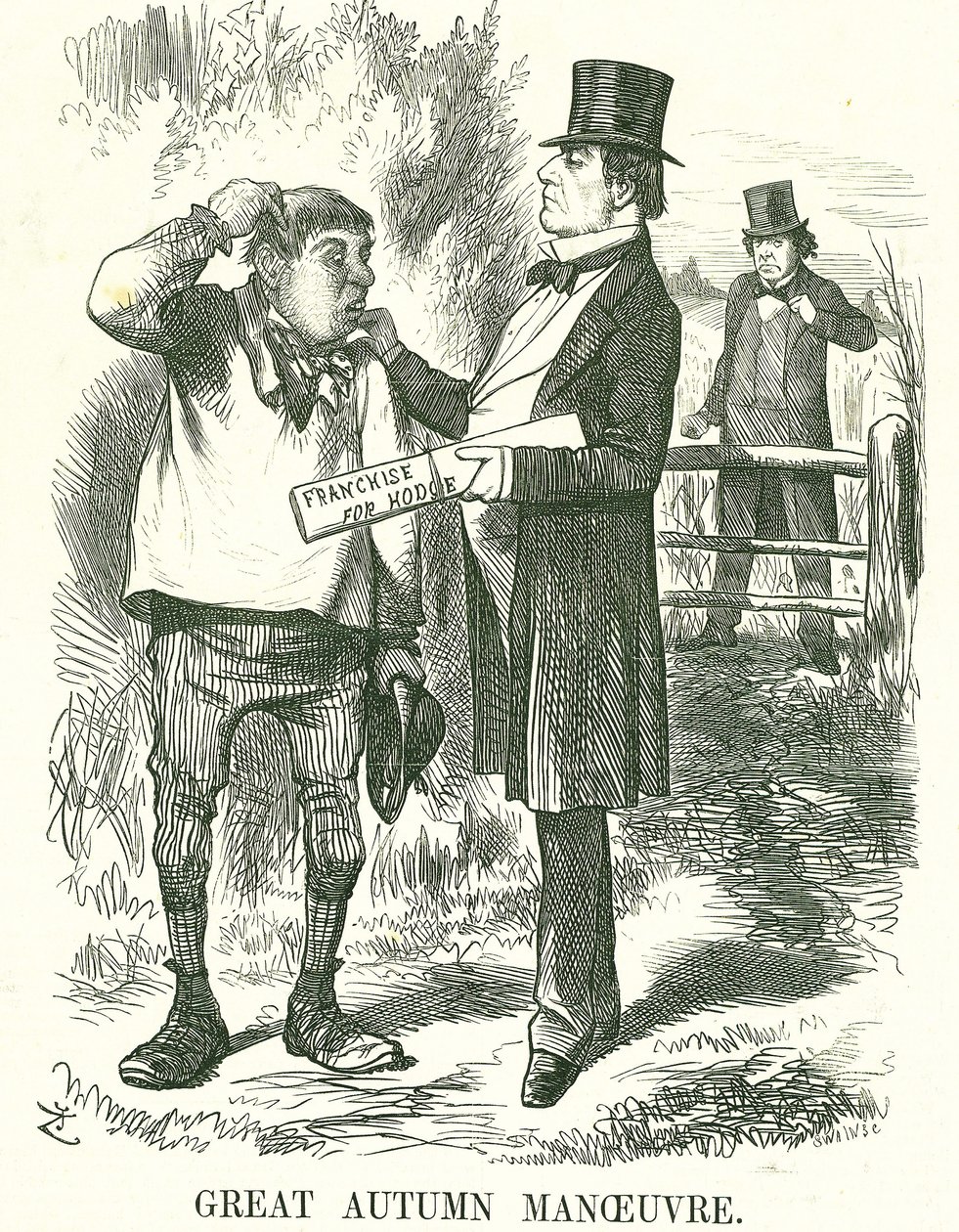 Great Autumn Manoeuvre: Gladstone thought that eventually the vote must be given to agricultural labourers (Hodge). At this time his premiership was shaky and Disraeli is waiting to take his place. John Tenniel cartoon from Punch, London, 9 August 1873. by John Tenniel