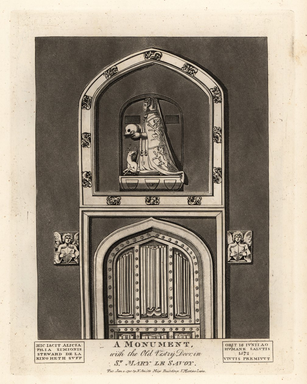 Grave effigy of Alicia, daughter of Simon Steward, with the Old Vestry Door in St Mary le Savoy by John Thomas Smith