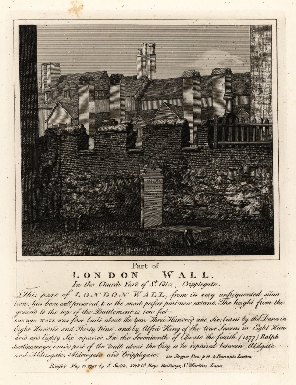 Part of the Ancient London Wall in the Churchyard of St Giles, Cripplegate, London by John Thomas Smith