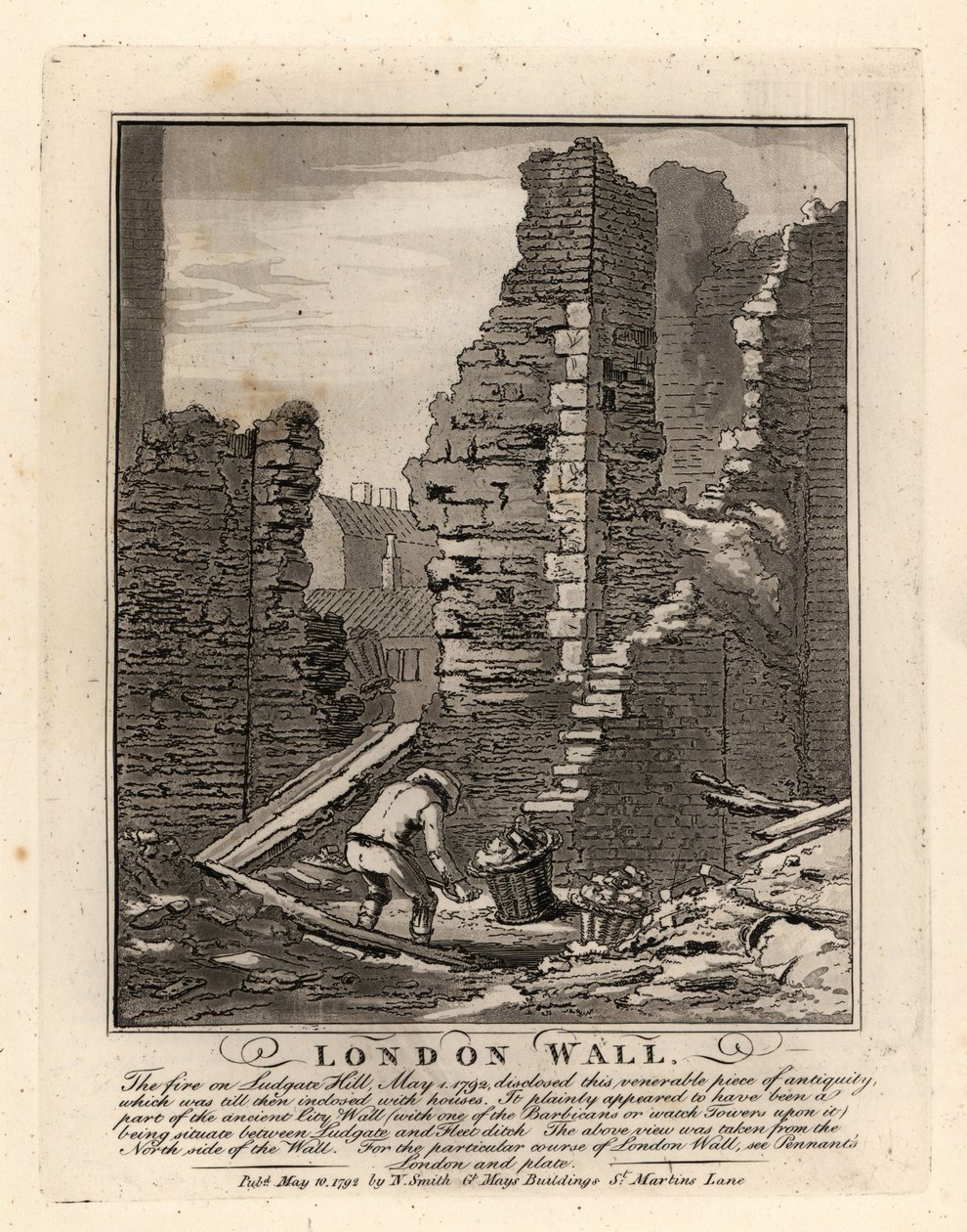Ruins of the Roman London Wall exposed by the fire of May 1792 on Ludgate Hill by John Thomas Smith