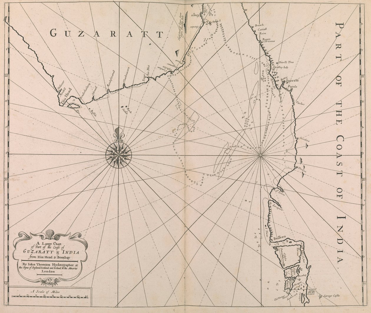 A Large Chart of Part of the Coast of Guzaratt & India from Diu Head to Bombay by John Thornton